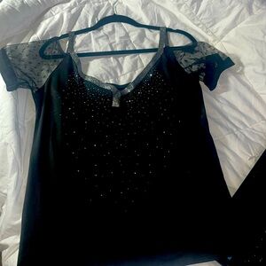 Black,silky, sheer,rhinestone,off shoulder LG dress shirt. Never worn. Brand new